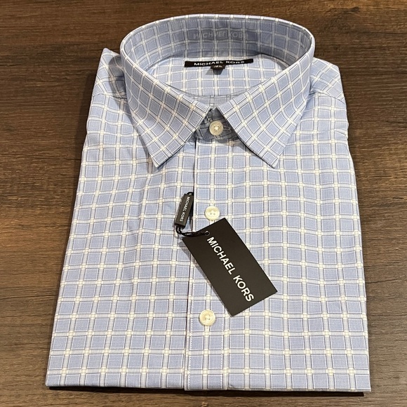 Michael Kors Blue and White Dress Shirt with Check Pattern - Picture 1 of 6